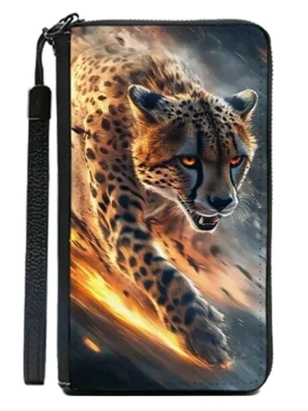 Firey Flame Cheetah Multi-Card Zip Around Wallet/Phone Case W/Wristlet Strap